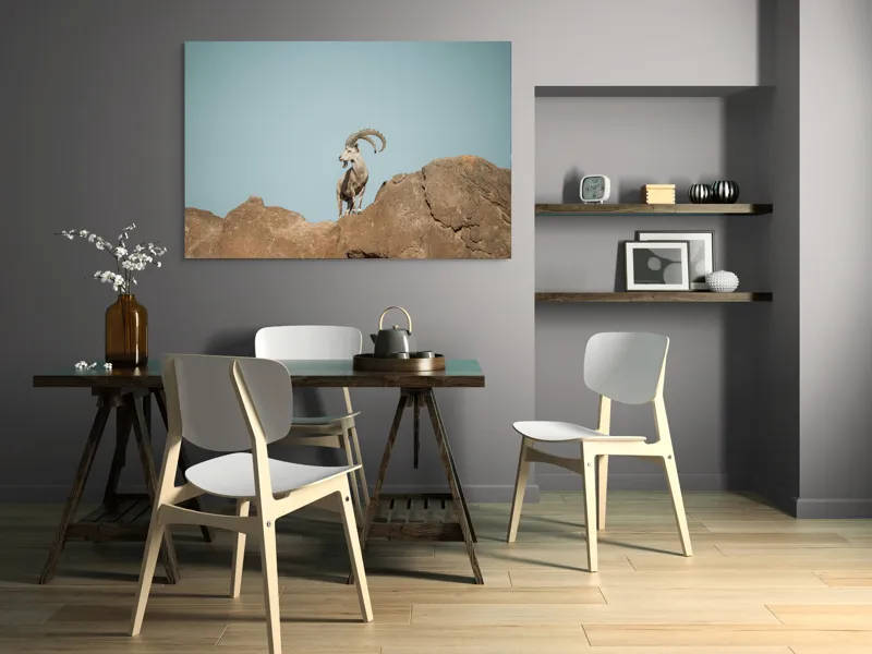 Tablou Canvas, "Capra sălbatică pe stâncă înaltă", Vârf, Cer, Capricorn, Piatră, Privire, Măreție, Natură, 150 x 100 cm – poza 5