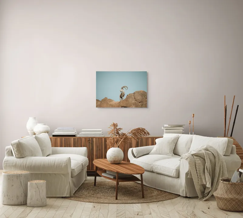 Tablou Canvas, "Capra sălbatică pe stâncă înaltă", Vârf, Cer, Capricorn, Piatră, Privire, Măreție, Natură, 70 x 50 cm – poza 6