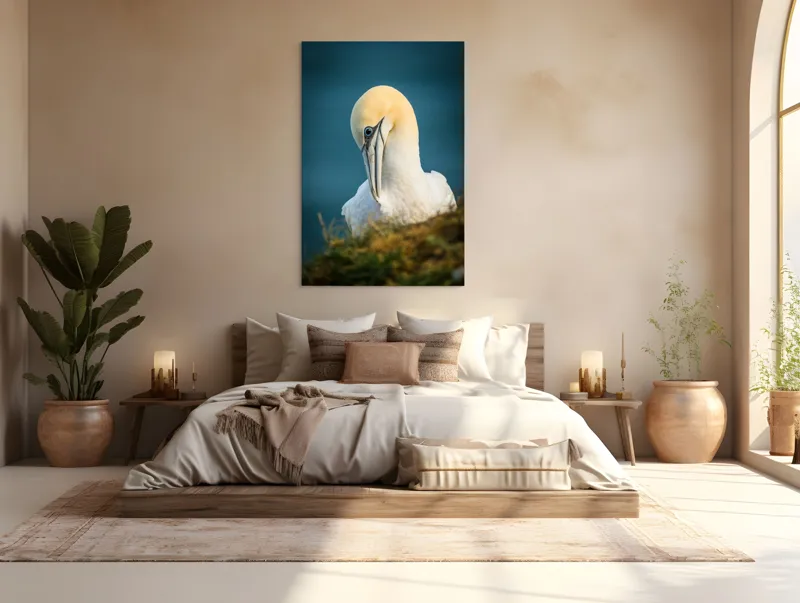 Tablou Canvas, "Curiozitatea păsării pe stâncă ", Pasăre, Albastră, Privire, Gracilă, Penaj, Stâncă, Cer, Senin, 100 x 150 cm – poza 3