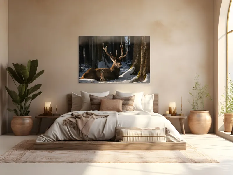 Tablou Canvas, "Cerbul odihnindu-se în pădurea înzăpezită", Majestuos, Așezat, Pădure, Iarnă, Zăpadă, Ramuri, Lumină, Natură, Tranquilitate, 150 x 100 cm – poza 4