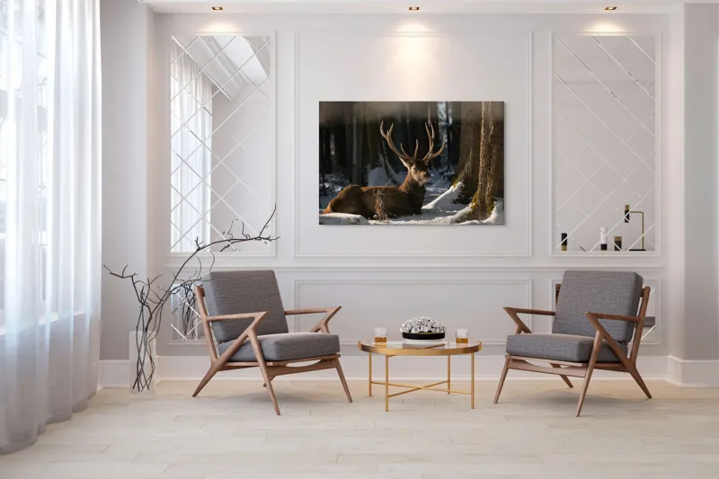 Tablou Canvas, "Cerbul odihnindu-se în pădurea înzăpezită", Majestuos, Așezat, Pădure, Iarnă, Zăpadă, Ramuri, Lumină, Natură, Tranquilitate, 150 x 100 cm – poza 7