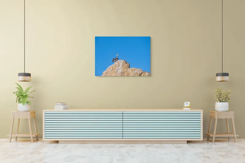 Tablou Canvas, "Pelican pe stânca semeață", Pasăre, Stâncă, Cer, Albastru, Natură, Penaj, Solitudine, Vedere., 100 x 70 cm – poza 4
