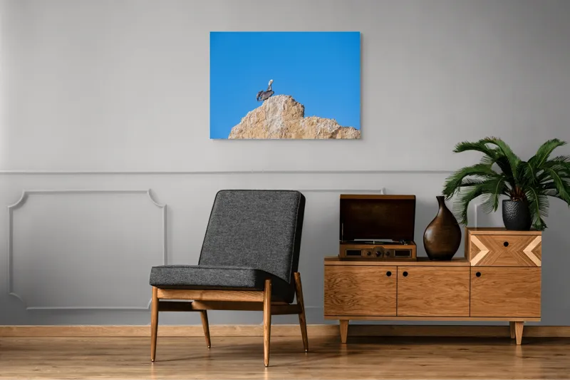 Tablou Canvas, "Pelican pe stânca semeață", Pasăre, Stâncă, Cer, Albastru, Natură, Penaj, Solitudine, Vedere., 100 x 70 cm – poza 8
