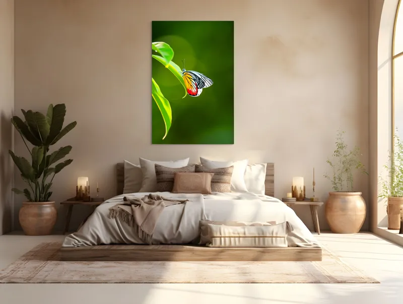 Tablou Canvas, "Fluture pe frunză înverzită", Fluture, Frunze, Verde, Galben, Roșu, Delicat, Natură, Contrast, Subtil, Raze, 100 x 150 cm – poza 3