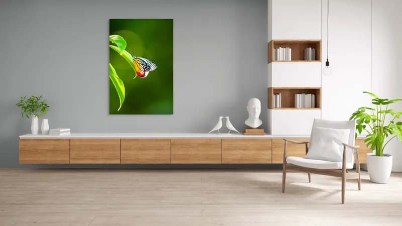 Tablou Canvas, "Fluture pe frunză înverzită", Fluture, Frunze, Verde, Galben, Roșu, Delicat, Natură, Contrast, Subtil, Raze, 100 x 150 cm – poza 8