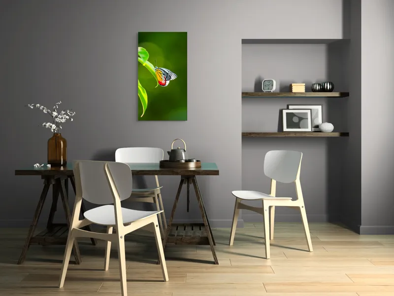 Tablou Canvas, "Fluture pe frunză înverzită", Fluture, Frunze, Verde, Galben, Roșu, Delicat, Natură, Contrast, Subtil, Raze, 50 x 90 cm – poza 4