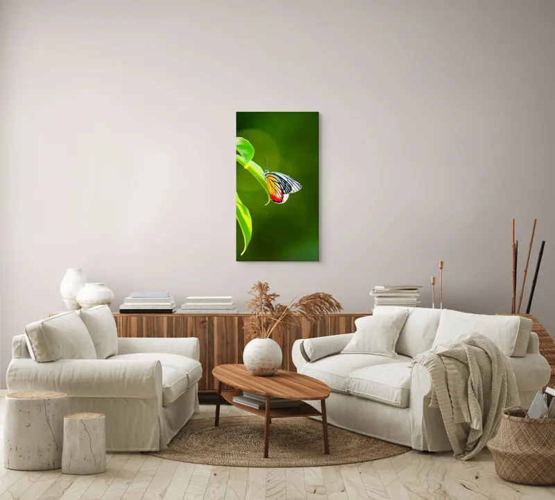 Tablou Canvas, "Fluture pe frunză înverzită", Fluture, Frunze, Verde, Galben, Roșu, Delicat, Natură, Contrast, Subtil, Raze, 50 x 90 cm – poza 7