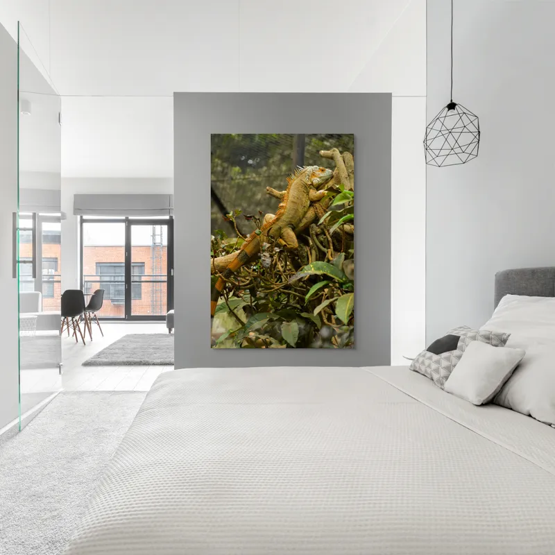Tablou Canvas, "Iguana odihnindu-se pe crengi verzi", Șopârlă, Ramuri, Frunziș, Camuflaj, Tandră, Natură, Solzi, Repaus, Verde, Mediu, Habitat, Imersie., 100 x 150 cm – poza 5