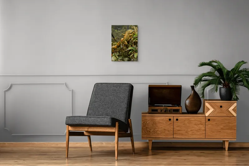 Tablou Canvas, "Iguana odihnindu-se pe crengi verzi", Șopârlă, Ramuri, Frunziș, Camuflaj, Tandră, Natură, Solzi, Repaus, Verde, Mediu, Habitat, Imersie., 39 x 54 cm – poza 8