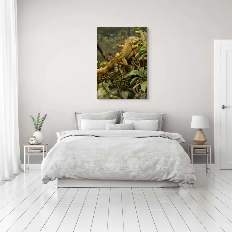 Tablou Canvas, "Iguana odihnindu-se pe crengi verzi", Șopârlă, Ramuri, Frunziș, Camuflaj, Tandră, Natură, Solzi, Repaus, Verde, Mediu, Habitat, Imersie., 70 x 100 cm – poza 3