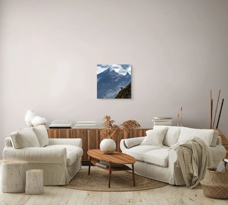 Tablou Canvas, "Capre negre în alpii stâncoși", Nori, Munți, Capre, Prăpastie, Cer, Vârf, Umbre, Natură, 50 x 50 cm – poza 7