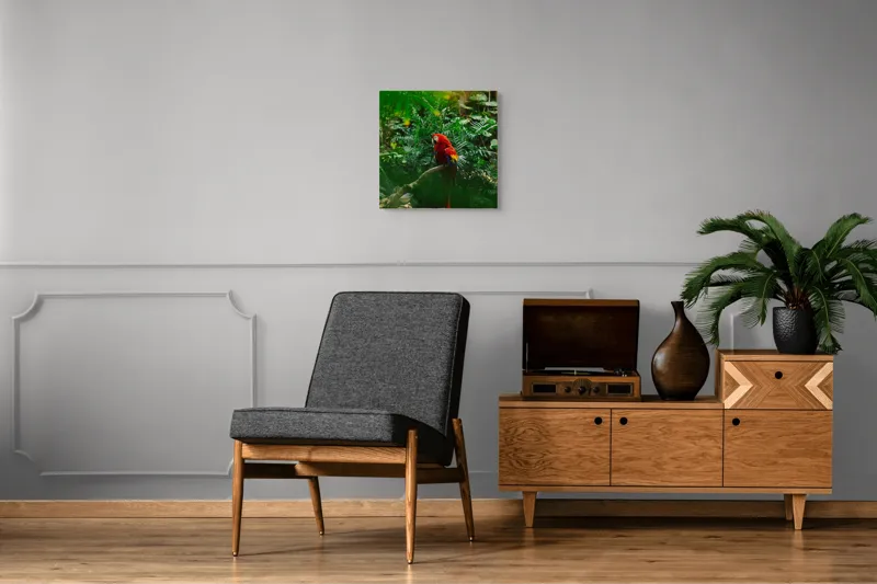 Tablou Canvas, "Papagalul roșu în junglă verde", Roșu, Papagal, Exotic, Junglă, Frunze, Natură, Culoare, Sălbăticie, 50 x 50 cm – poza 6