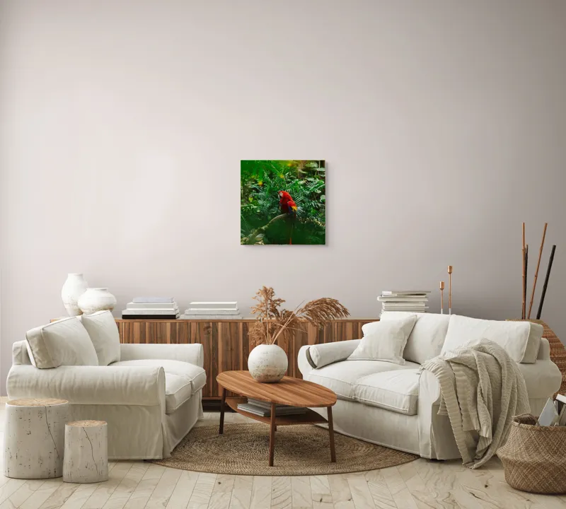 Tablou Canvas, "Papagalul roșu în junglă verde", Roșu, Papagal, Exotic, Junglă, Frunze, Natură, Culoare, Sălbăticie, 50 x 50 cm – poza 7