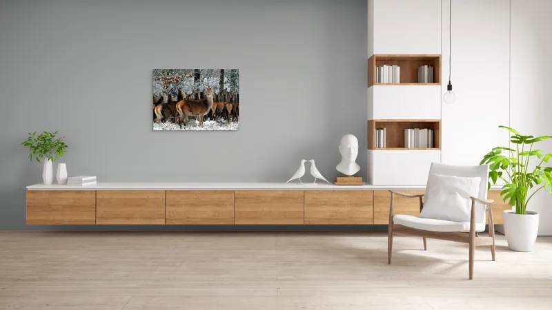 Tablou Canvas, "Căprioare în liniștea iernii pădurii", Căprioare, Zăpadă, Pădure, Iarnă, Copaci, Natură, Frig, Animale, Peisaj, Sălbăticie, 100 x 70 cm – poza 6