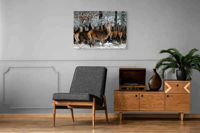 Tablou Canvas, "Căprioare în liniștea iernii pădurii", Căprioare, Zăpadă, Pădure, Iarnă, Copaci, Natură, Frig, Animale, Peisaj, Sălbăticie, 100 x 70 cm – poza 8