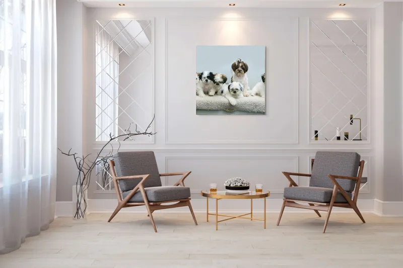 Tablou Canvas, "Cinci cățeluși adorabili pe covor alb", 100 x 100 cm – poza 7