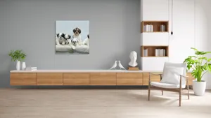 Tablou Canvas, "Cinci cățeluși adorabili pe covor alb", 100 x 100 cm – poza 8