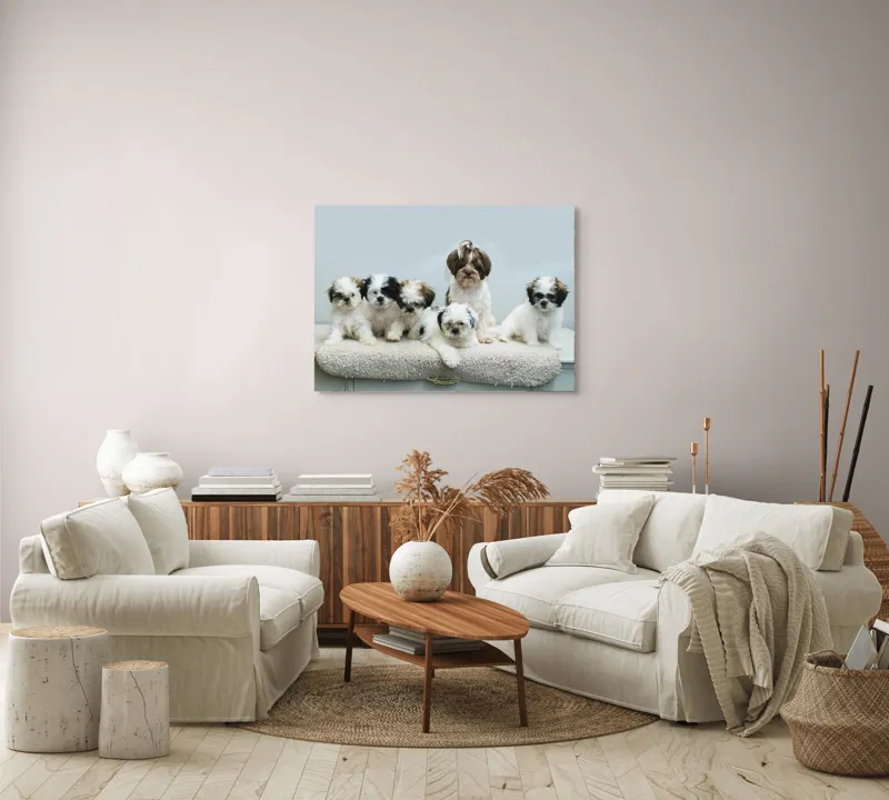 Tablou Canvas, "Cinci cățeluși adorabili pe covor alb", 100 x 70 cm – poza 3