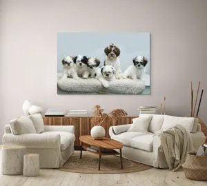Tablou Canvas, "Cinci cățeluși adorabili pe covor alb", 150 x 100 cm – poza 3