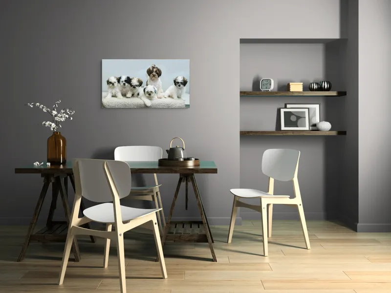 Tablou Canvas, "Cinci cățeluși adorabili pe covor alb", Nu pot identifica persoanele din imagine., 90 x 50 cm – poza 3