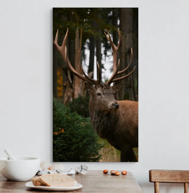 Tablou Canvas, "Privirea nobilă a cerbului în pădure", Majestic, Antlers, Forest, Stag, Wilderness, Nature, Tranquil, Regal, 50 x 90 cm – poza 3