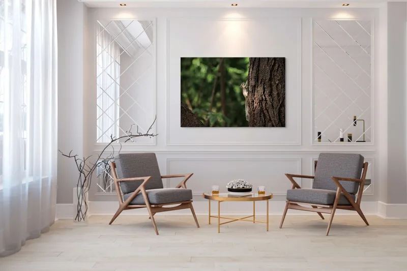 Tablou Canvas, "Veverița jucăușă pe trunchiul copacului", Veveriță, Copac, Natură, Ascensiune, Pădure, Trunchi, Verdeață, Curiozitate, 150 x 100 cm – poza 7