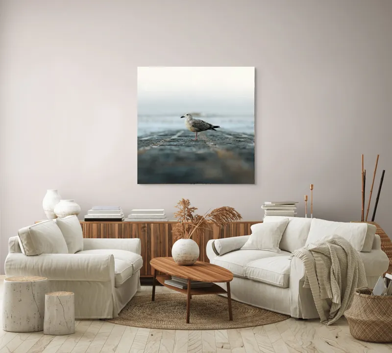 Tablou Canvas, "Pescărușul pe țărmul tăcut al mării", Pescăruș, Ocean, Zori, Seninătate, Echo., 100 x 100 cm – poza 3
