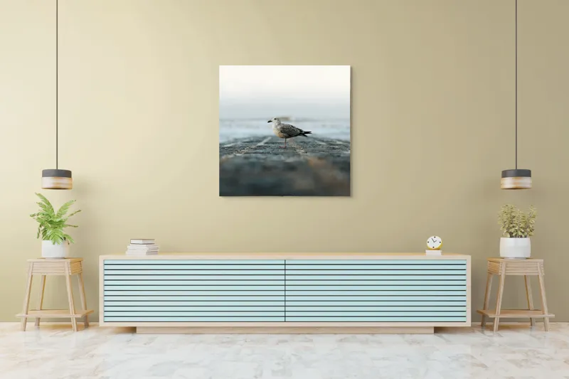 Tablou Canvas, "Pescărușul pe țărmul tăcut al mării", Pescăruș, Ocean, Zori, Seninătate, Echo., 100 x 100 cm – poza 5