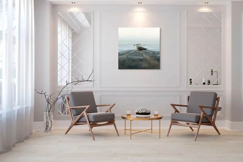 Tablou Canvas, "Pescărușul pe țărmul tăcut al mării", Pescăruș, Ocean, Zori, Seninătate, Echo., 100 x 100 cm – poza 7