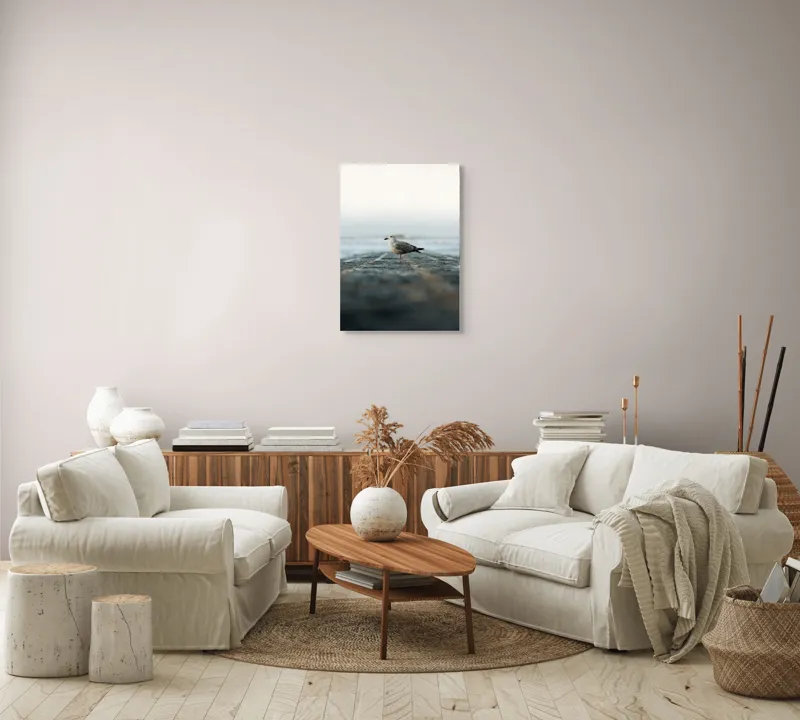 Tablou Canvas, "Pescărușul pe țărmul tăcut al mării", Pescăruș, Ocean, Zori, Seninătate, Echo., 50 x 70 cm – poza 4