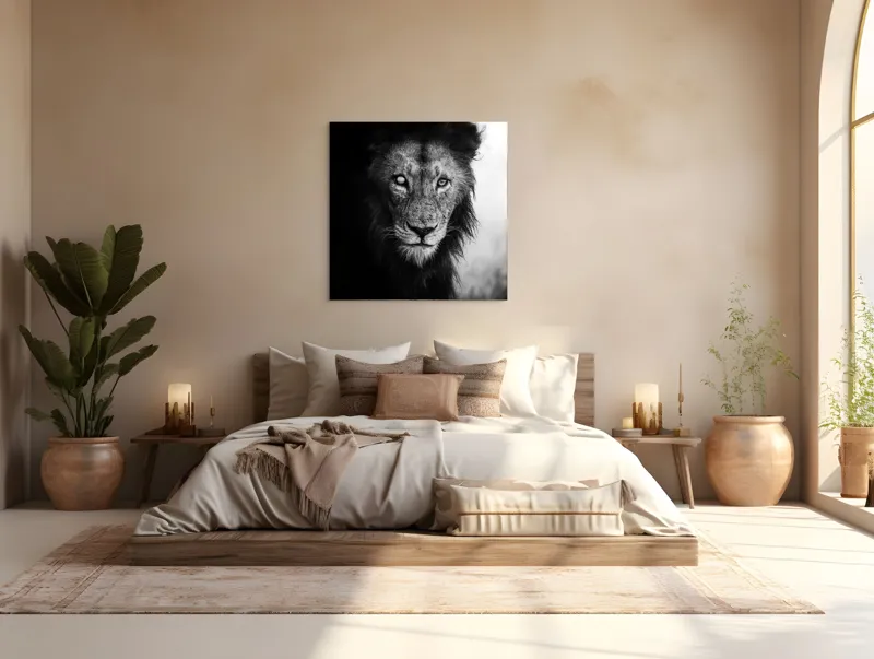 Tablou Canvas, "Regele întunecat al savanei africane", Leu, Regalitate, Forță, Întunecat, Privire, Mister, Noblețe, Putere, 100 x 100 cm – poza 4