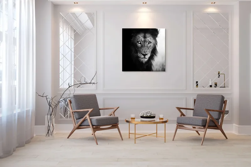 Tablou Canvas, "Regele întunecat al savanei africane", Leu, Regalitate, Forță, Întunecat, Privire, Mister, Noblețe, Putere, 100 x 100 cm – poza 7