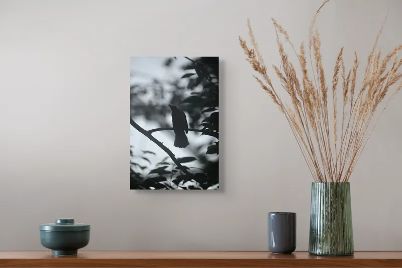 Tablou Canvas, "Pasăre cântând în amurgul pădurii", Pasăre, Cântătoare, Siluetă, Ramură, Frunze, Cer, Silențios, Natură, Întuneric, Contur., 26 x 39 cm – poza 5