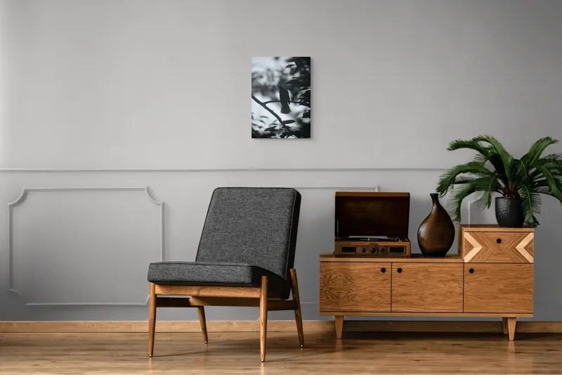 Tablou Canvas, "Pasăre cântând în amurgul pădurii", Pasăre, Cântătoare, Siluetă, Ramură, Frunze, Cer, Silențios, Natură, Întuneric, Contur., 39 x 54 cm – poza 8