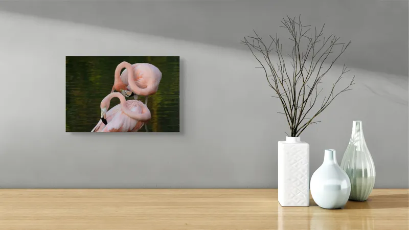 Tablou Canvas, "Dansul grațios al flamingilor roz", Flamingo, Roz, Grație, Fluiditate, Armonie, Reflecție, Eleganță, Tranquilitate., 39 x 26 cm – poza 8