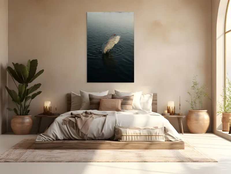 Tablou Canvas, "Dansul grațios al egretei pe apă", Grație, Aripi, Reflecție, Apă, Serenitate, Zbor, Natură, Lumină, 100 x 150 cm – poza 3