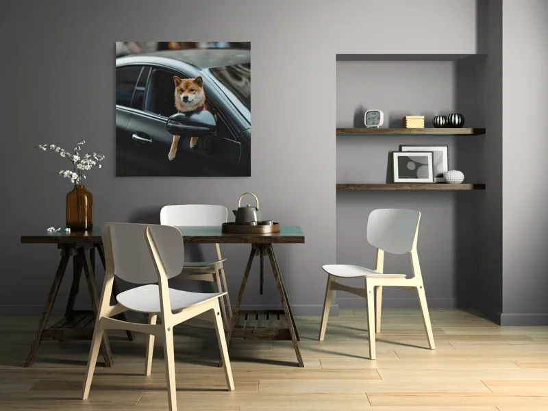 Tablou Canvas, "Câinele și fereastra mașinii negre", Câine, Mașină, Fereastră, Exterioară, Stradă, Urban, Plimbare, 100 x 100 cm – poza 6
