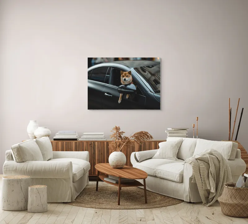 Tablou Canvas, "Câinele și fereastra mașinii negre", Câine, Mașină, Fereastră, Exterioară, Stradă, Urban, Plimbare, 100 x 70 cm – poza 3