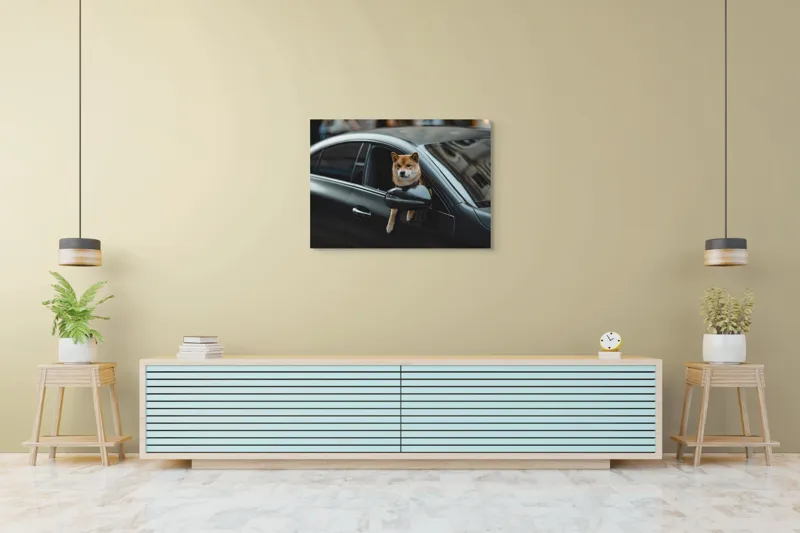 Tablou Canvas, "Câinele și fereastra mașinii negre", Câine, Mașină, Fereastră, Exterioară, Stradă, Urban, Plimbare, 100 x 70 cm – poza 4