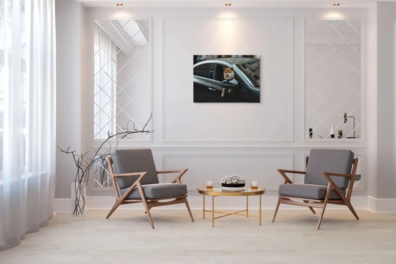 Tablou Canvas, "Câinele și fereastra mașinii negre", Câine, Mașină, Fereastră, Exterioară, Stradă, Urban, Plimbare, 100 x 70 cm – poza 5