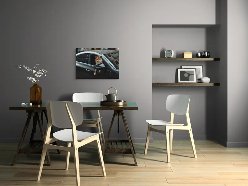 Tablou Canvas, "Câinele și fereastra mașinii negre", Câine, Mașină, Fereastră, Exterioară, Stradă, Urban, Plimbare, 70 x 50 cm – poza 5