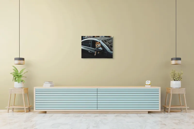 Tablou Canvas, "Câinele și fereastra mașinii negre", Câine, Mașină, Fereastră, Exterioară, Stradă, Urban, Plimbare, 70 x 50 cm – poza 7