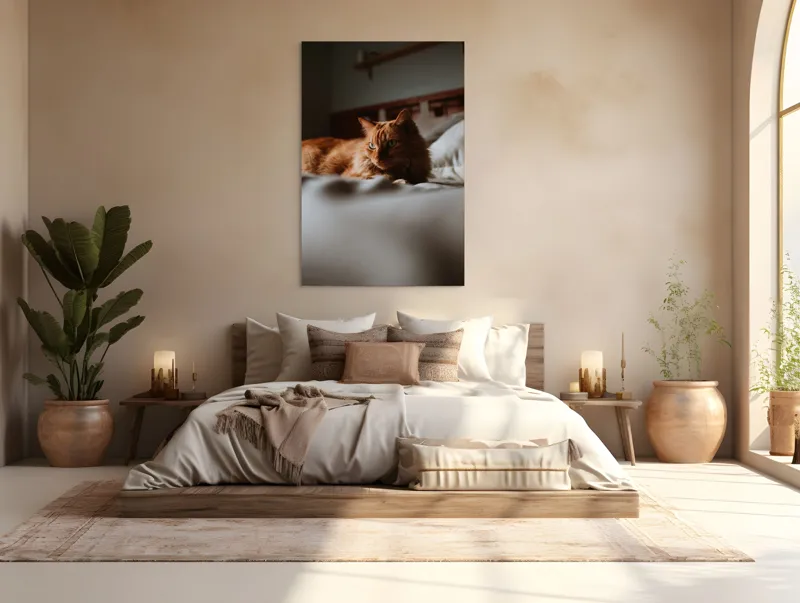 Tablou Canvas, "Pisică roșcată odihnindu-se pe pat", Pisică, Portocalie, Privire, Blană, Pat, Relaxare, Lumină, Calm, Textură, Ambient., 100 x 150 cm – poza 3