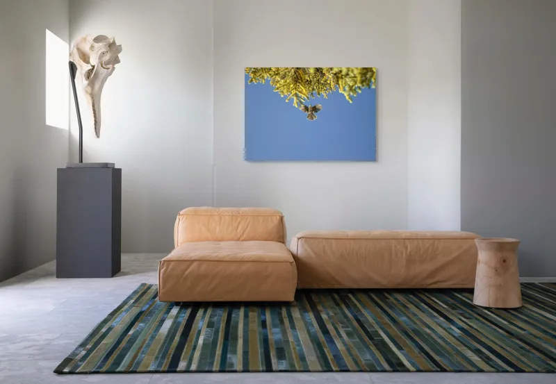 Tablou Canvas, "Zborul liber printre ramuri verzi", Pasăre, Zburând, Cer, Ramuri, Verde, Albastru, Aripi, Lumină, Natură, Libertate, 100 x 70 cm – poza 7