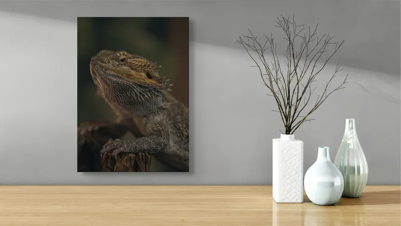 Tablou Canvas, "Reptila contemplând lumina dimineții", Solzi, Gri, Textură, Reptilă, Privește, Detalii, Natural, Verde, Ramură, Bruniu, 39 x 54 cm – poza 4