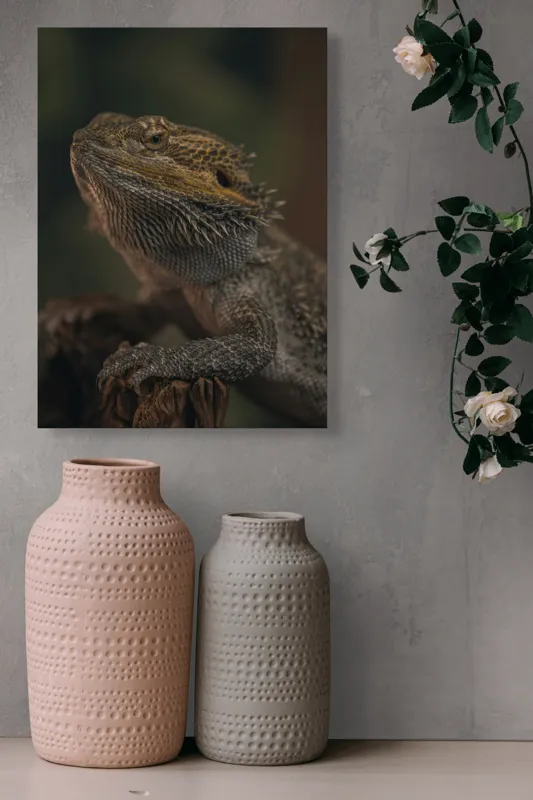 Tablou Canvas, "Reptila contemplând lumina dimineții", Solzi, Gri, Textură, Reptilă, Privește, Detalii, Natural, Verde, Ramură, Bruniu, 39 x 54 cm – poza 6