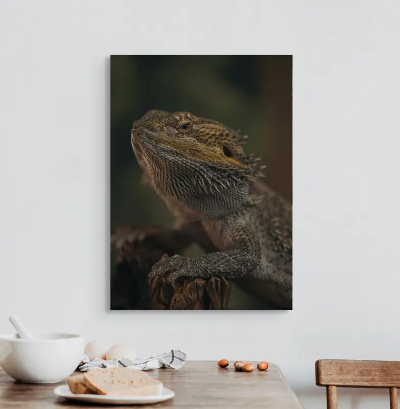 Tablou Canvas, "Reptila contemplând lumina dimineții", Solzi, Gri, Textură, Reptilă, Privește, Detalii, Natural, Verde, Ramură, Bruniu, 50 x 70 cm – poza 3