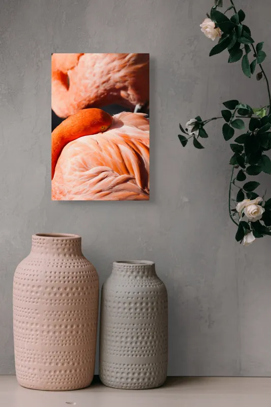 Tablou Canvas, "Grația odihnitoare a flamingo-ului roz", Flamingo, Pene, Portocaliu, Grație, Odihnă, Textură, Strălucire, Delicatețe, 26 x 39 cm – poza 6