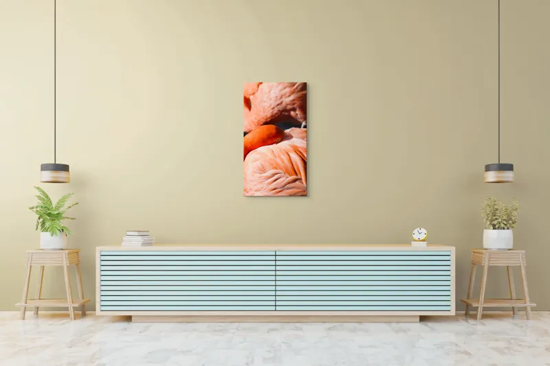Tablou Canvas, "Grația odihnitoare a flamingo-ului roz", Flamingo, Pene, Portocaliu, Grație, Odihnă, Textură, Strălucire, Delicatețe, 50 x 90 cm – poza 6