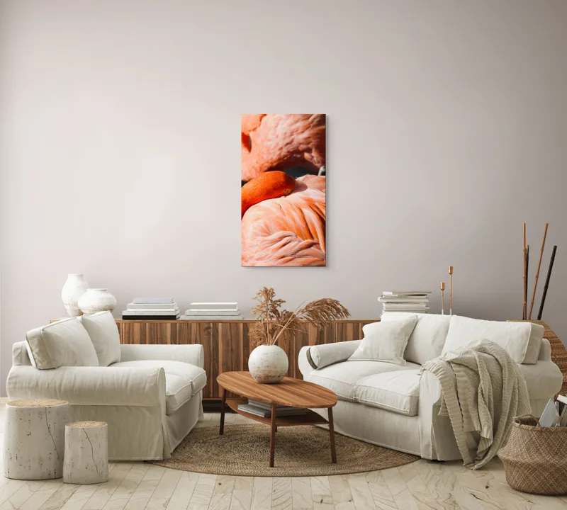 Tablou Canvas, "Grația odihnitoare a flamingo-ului roz", Flamingo, Pene, Portocaliu, Grație, Odihnă, Textură, Strălucire, Delicatețe, 50 x 90 cm – poza 7